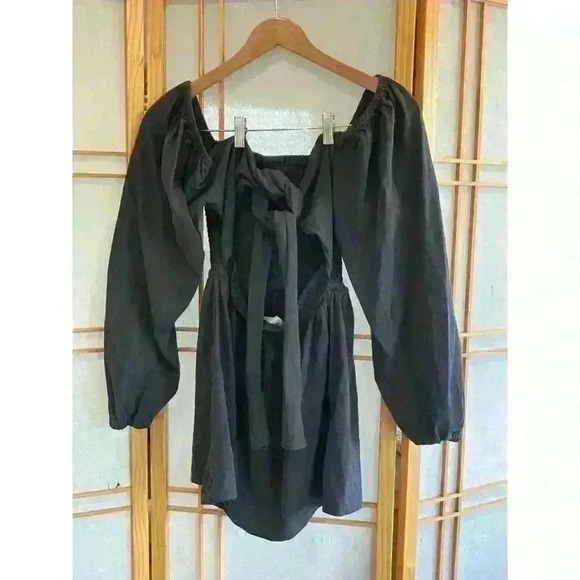Free People Mini Boho Dress Black babydoll Size S/P Lunch Date Long Sleeve - Picture 5 of 10